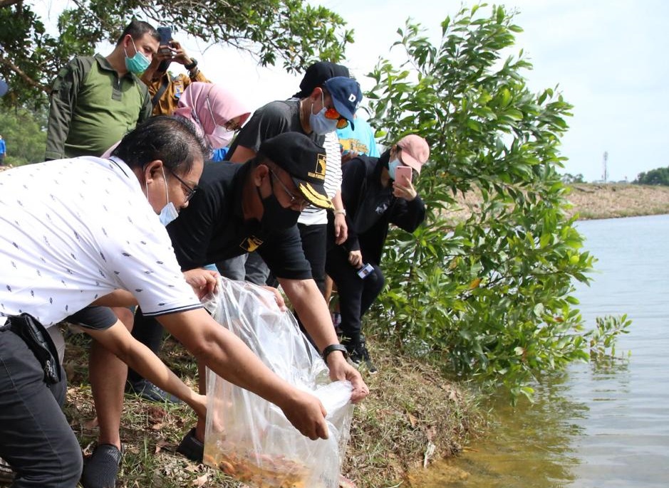 Jaga Ekosistem Waduk, Wakil Kepala BP Batam Tebar Benih Ikan di Waduk Sei Ladi (foto : hms)